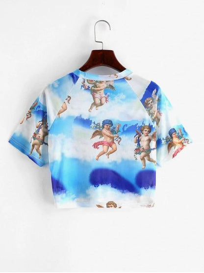 Angel Print Mesh Crop Top - INS | Online Fashion Free Shipping Clothing, Dresses, Tops, Shoes