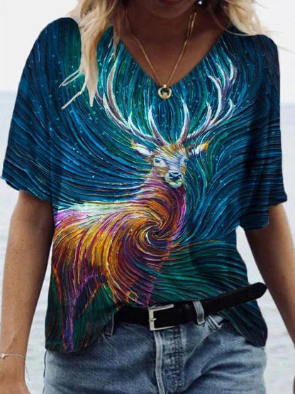 Animal Printed V-neck Short-sleeved T-shirt - MsDressly