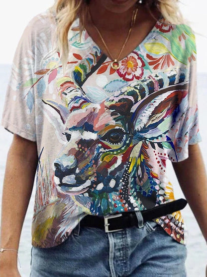 Animal Printed V-neck Short-sleeved T-shirt - MsDressly