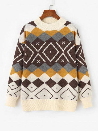 Argyle Drop Shoulder Mock Neck Sweater - INS | Online Fashion Free Shipping Clothing, Dresses, Tops, Shoes