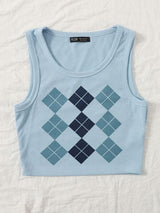 Argyle Print Rib-knit Tank Crop Top - INS | Online Fashion Free Shipping Clothing, Dresses, Tops, Shoes