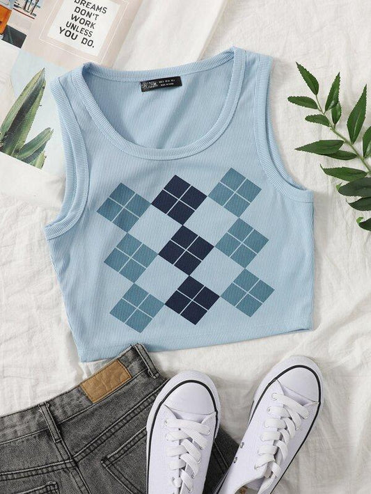 Argyle Print Rib-knit Tank Crop Top - INS | Online Fashion Free Shipping Clothing, Dresses, Tops, Shoes