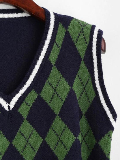 Argyle Striped Trim Sweater Vest - INS | Online Fashion Free Shipping Clothing, Dresses, Tops, Shoes