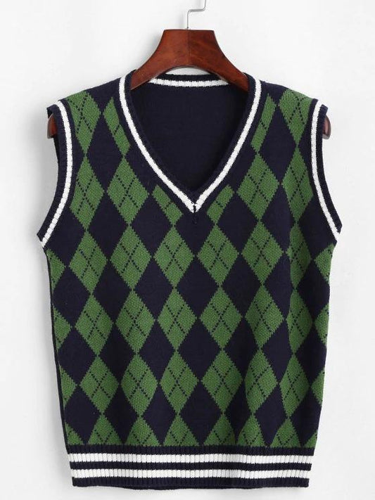 Argyle Striped Trim Sweater Vest - INS | Online Fashion Free Shipping Clothing, Dresses, Tops, Shoes