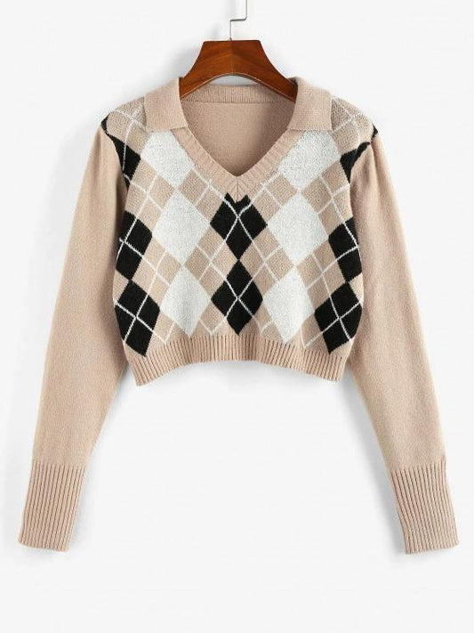 Argyle V Notch Crop Sweater - INS | Online Fashion Free Shipping Clothing, Dresses, Tops, Shoes