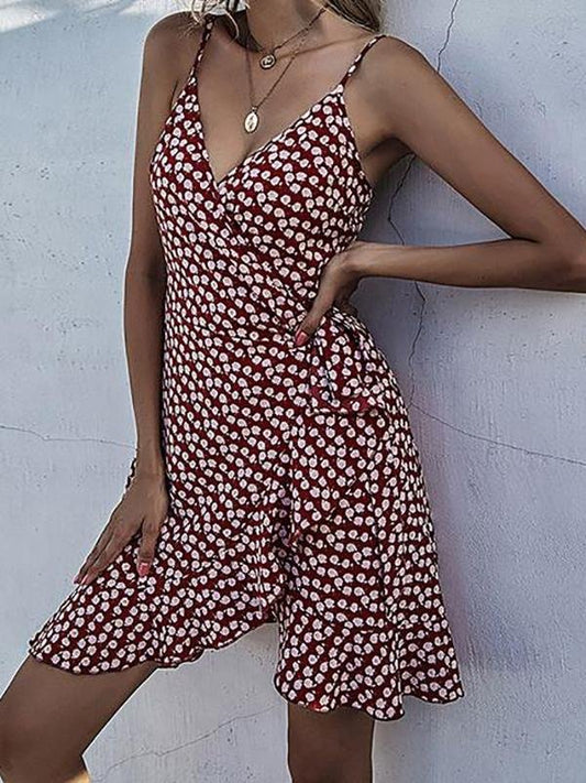 Asymmetry Ruffle Floral Sling Summer Dress - Mini Dresses - INS | Online Fashion Free Shipping Clothing, Dresses, Tops, Shoes - 22/03/2021 - AMZ - Color_Red