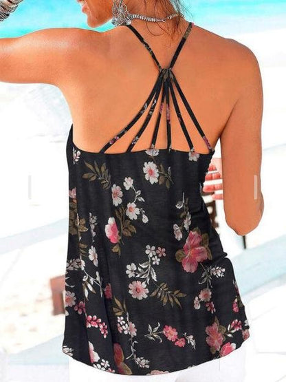 Backless Floral Print Spaghetti Straps Sleeveless Tank Tops - Tank Tops - INS | Online Fashion Free Shipping Clothing, Dresses, Tops, Shoes - 18/05/2021 - Color_Black - Color_Royal Blue