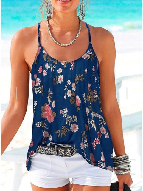 Backless Floral Print Spaghetti Straps Sleeveless Tank Tops - Tank Tops - INS | Online Fashion Free Shipping Clothing, Dresses, Tops, Shoes - 18/05/2021 - Color_Black - Color_Royal Blue