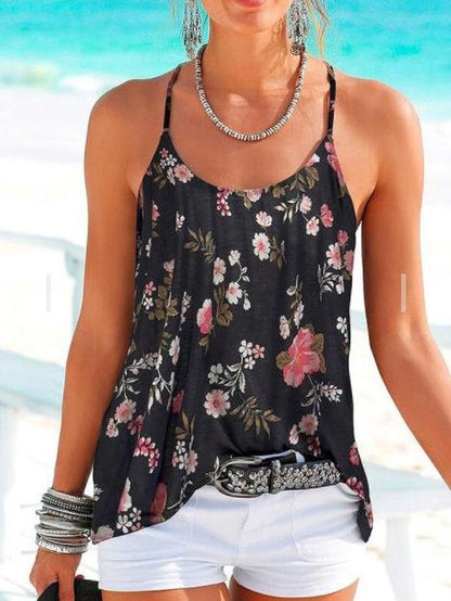 Backless Floral Print Spaghetti Straps Sleeveless Tank Tops - Tank Tops - INS | Online Fashion Free Shipping Clothing, Dresses, Tops, Shoes - 18/05/2021 - Color_Black - Color_Royal Blue