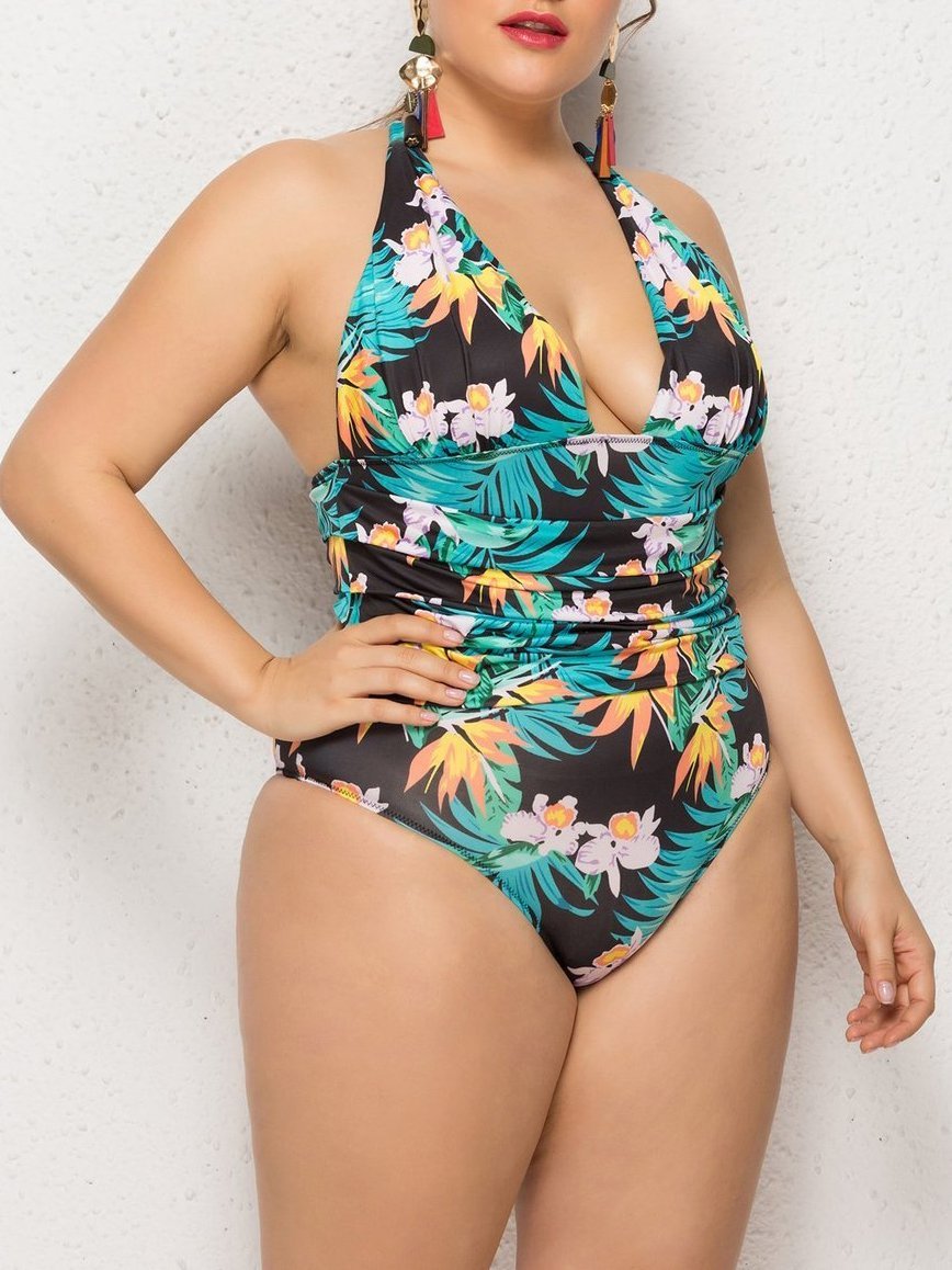 Backless Hawaii Printed One Piece Swimsuit - Plus Swimsuits - INS | Online Fashion Free Shipping Clothing, Dresses, Tops, Shoes - 22/04/2021 - Color_Black with White - Color_White