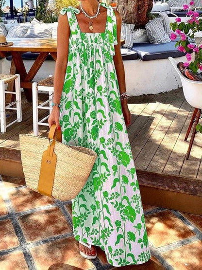 Bandage Shoulder Sling Print Dress - Maxi Dresses - INS | Online Fashion Free Shipping Clothing, Dresses, Tops, Shoes - 17/06/2021 - 30-40 - color-green