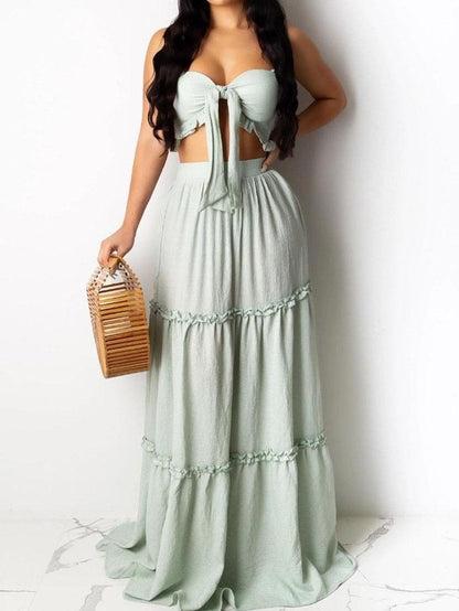Bandeau Frill Hem Tie Front Top & Maxi Skirt Set - Two-piece Outfits - INS | Online Fashion Free Shipping Clothing, Dresses, Tops, Shoes - 04/03/2021 - 2XL - Color_Blue