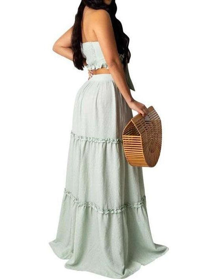 Bandeau Frill Hem Tie Front Top & Maxi Skirt Set - Two-piece Outfits - INS | Online Fashion Free Shipping Clothing, Dresses, Tops, Shoes - 04/03/2021 - 2XL - Color_Blue