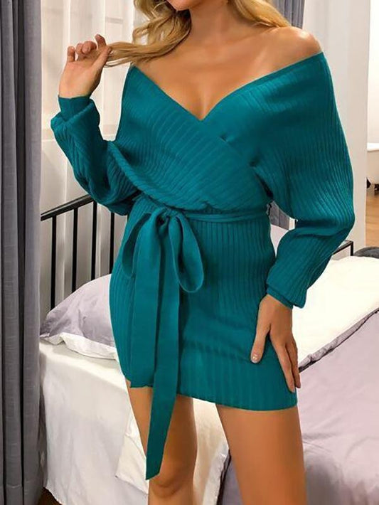 Batwing Sleeve Belted Sweater Dress - Dresses - INS | Online Fashion Free Shipping Clothing, Dresses, Tops, Shoes - 02/02/2021 - Autumn - Casual Dresses