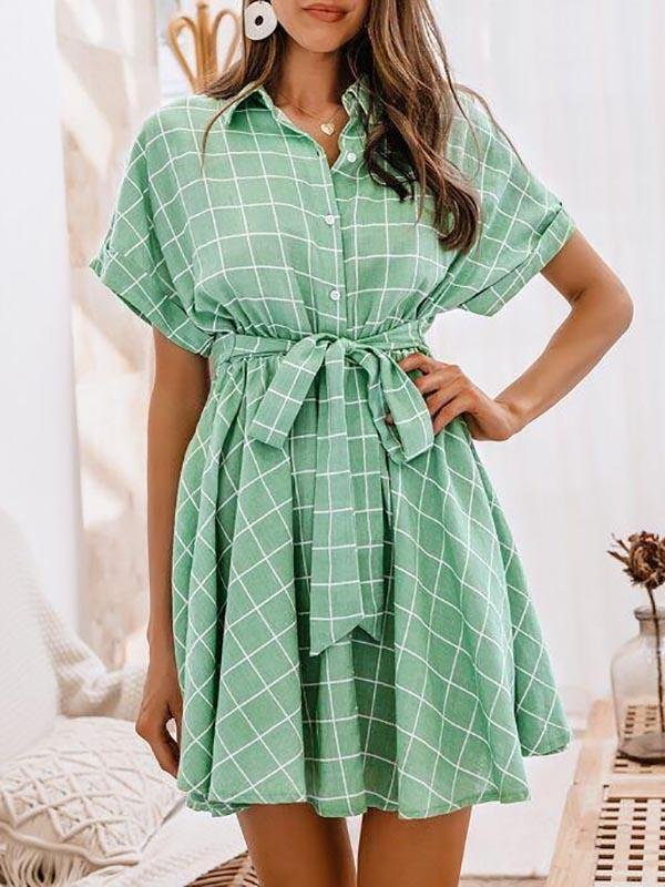 Batwing Sleeve Self Belted Grid Shirt Dress - Dresses - INS | Online Fashion Free Shipping Clothing, Dresses, Tops, Shoes - 02/03/2021 - Basic - Casual Dresses