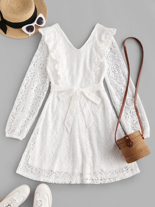 Belted Ruffles Long Sleeve Lace Dress - Dresses - INS | Online Fashion Free Shipping Clothing, Dresses, Tops, Shoes - 02/09/2021 - Casual Dresses - Color_White