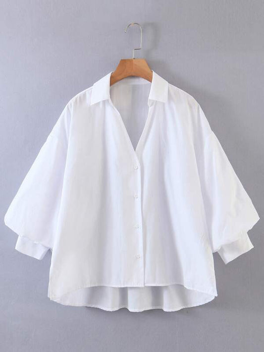 Bishop Sleeve High Low Button Up Blouse - INS | Online Fashion Free Shipping Clothing, Dresses, Tops, Shoes
