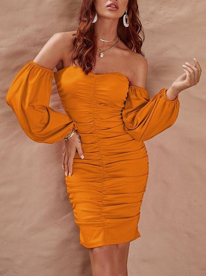 Bishop Sleeve Ruched Bardot Dress - Dresses - INS | Online Fashion Free Shipping Clothing, Dresses, Tops, Shoes - 02/04/2021 - Bodycon Dresses - Color_Orange