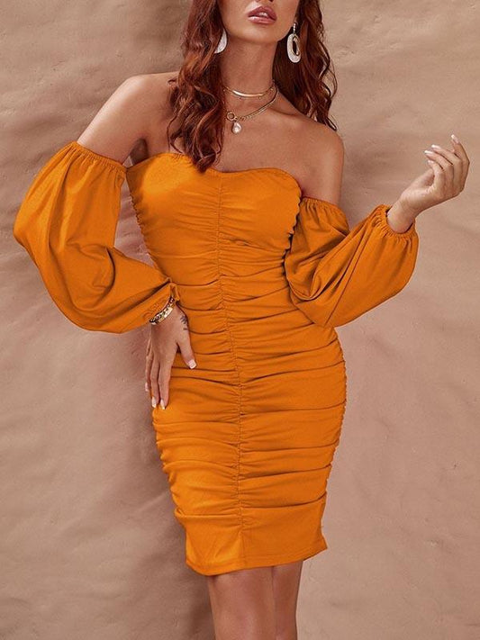 Bishop Sleeve Ruched Bardot Dress - Dresses - INS | Online Fashion Free Shipping Clothing, Dresses, Tops, Shoes - 02/04/2021 - Bodycon Dresses - Color_Orange