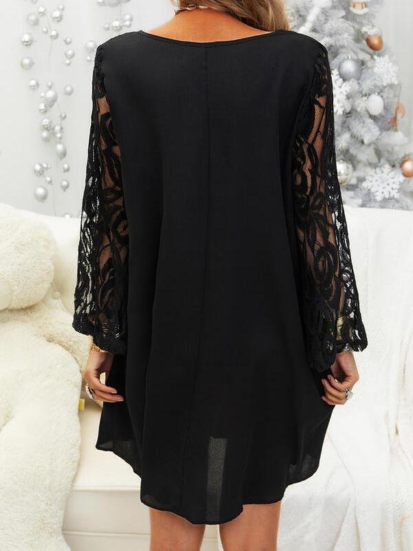 Black Lace Sleeve Casual Round Neck Dress - Mini Dresses - INS | Online Fashion Free Shipping Clothing, Dresses, Tops, Shoes - 02/07/2021 - 20-30 - color-black