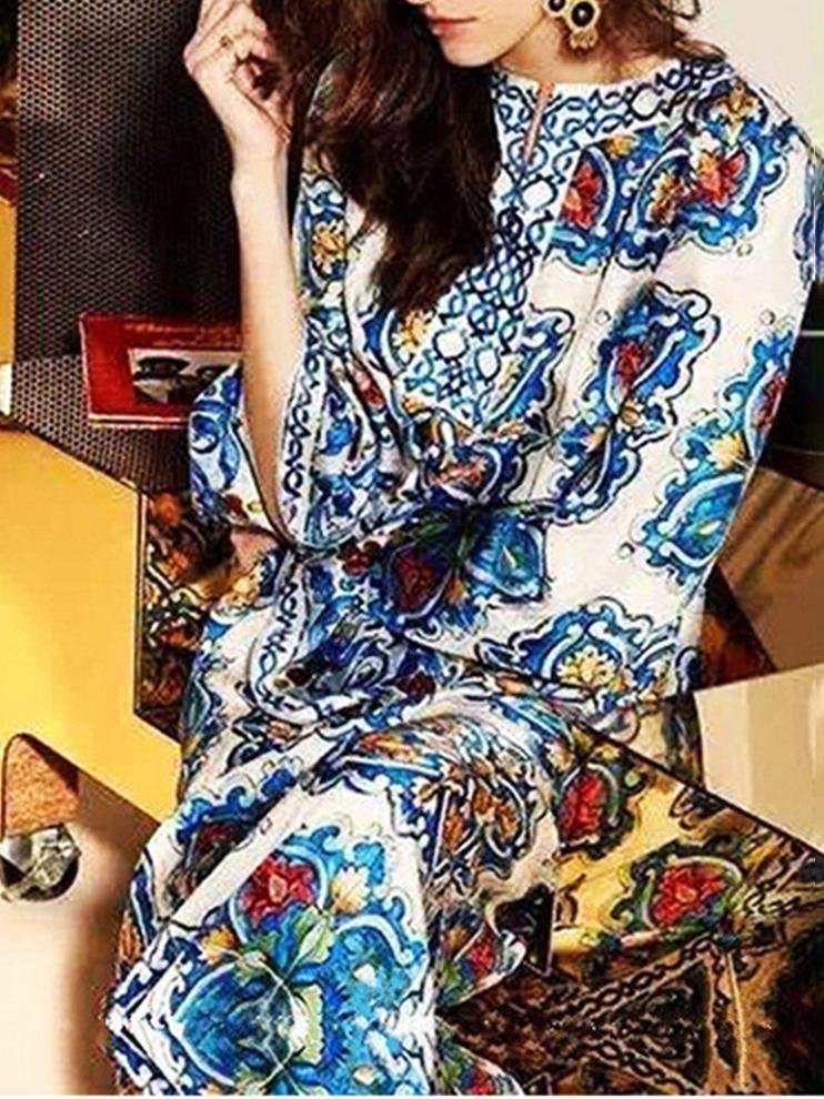 Blue And White Porcelain Print Long V Neck Dress - Maxi Dresses - INS | Online Fashion Free Shipping Clothing, Dresses, Tops, Shoes - 12/07/2021 - 30-40 - color-blue