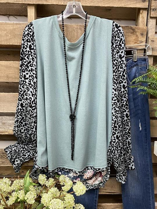 Blue Cotton-Blend Leopard Shift Long Sleeve Shirts & Tops - INS | Online Fashion Free Shipping Clothing, Dresses, Tops, Shoes