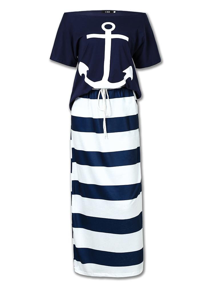 Boat Anchor Print T-Shirt & Striped Skirt Set - Two-piece Outfits - INS | Online Fashion Free Shipping Clothing, Dresses, Tops, Shoes - 29/04/2021 - Casual Dresses - Color_ Blue
