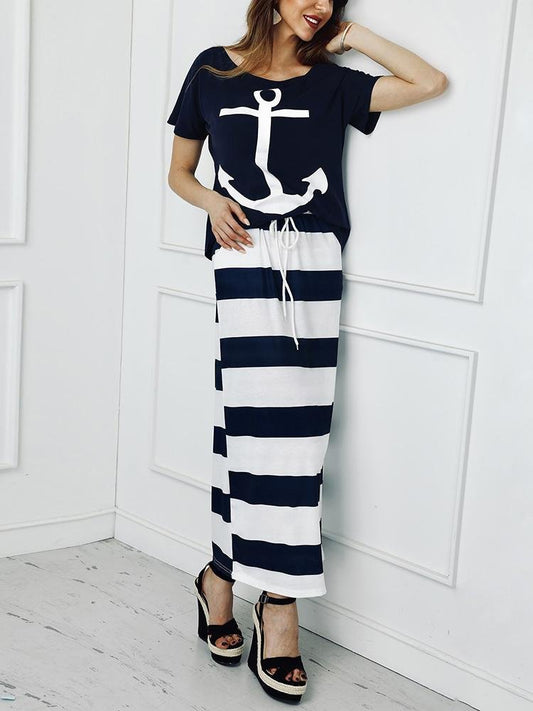 Boat Anchor Print T-Shirt & Striped Skirt Set - Two-piece Outfits - INS | Online Fashion Free Shipping Clothing, Dresses, Tops, Shoes - 29/04/2021 - Casual Dresses - Color_ Blue