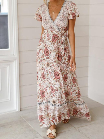 Bohemian Lace-Up Short Sleeve V-Neck Printed Dress - Maxi Dresses - INS | Online Fashion Free Shipping Clothing, Dresses, Tops, Shoes - 19/07/2021 - 20-30 - Category_Maxi Dresses