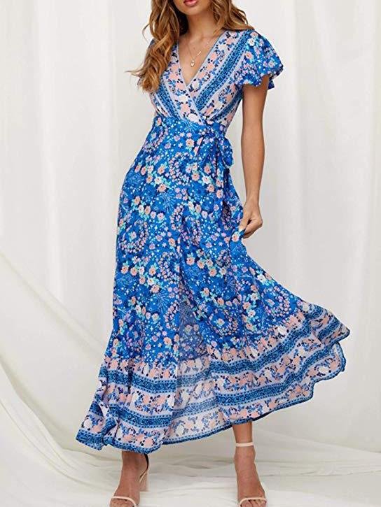 Bohemian Lace-Up Short Sleeve V-Neck Printed Dress - Maxi Dresses - INS | Online Fashion Free Shipping Clothing, Dresses, Tops, Shoes - 19/07/2021 - 20-30 - Category_Maxi Dresses