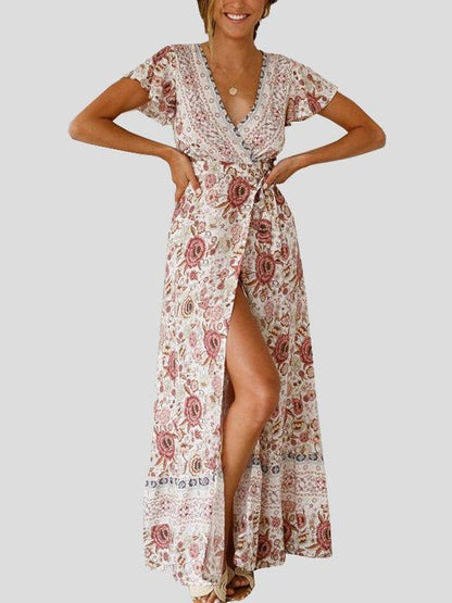 Bohemian Lace-Up Short Sleeve V-Neck Printed Dress - Maxi Dresses - INS | Online Fashion Free Shipping Clothing, Dresses, Tops, Shoes - 19/07/2021 - 20-30 - Category_Maxi Dresses