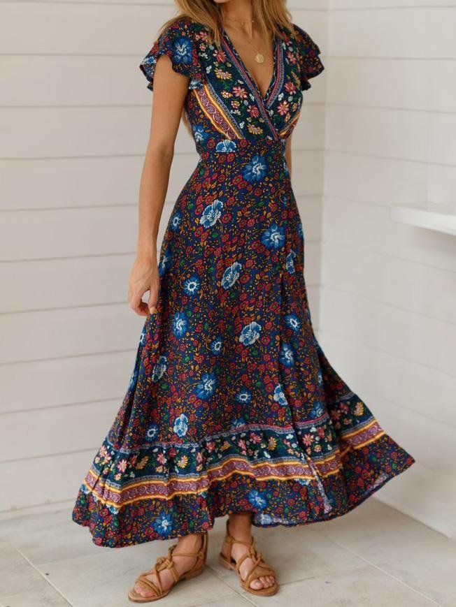 Bohemian Lace-Up Short Sleeve V-Neck Printed Dress - Maxi Dresses - INS | Online Fashion Free Shipping Clothing, Dresses, Tops, Shoes - 19/07/2021 - 20-30 - Category_Maxi Dresses