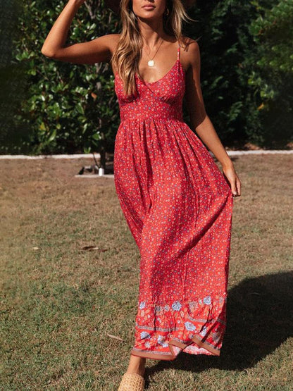 Bohemian V-neck Floral Sling Dress - Maxi Dresses - INS | Online Fashion Free Shipping Clothing, Dresses, Tops, Shoes - 23/07/2021 - 30-40 - color-black