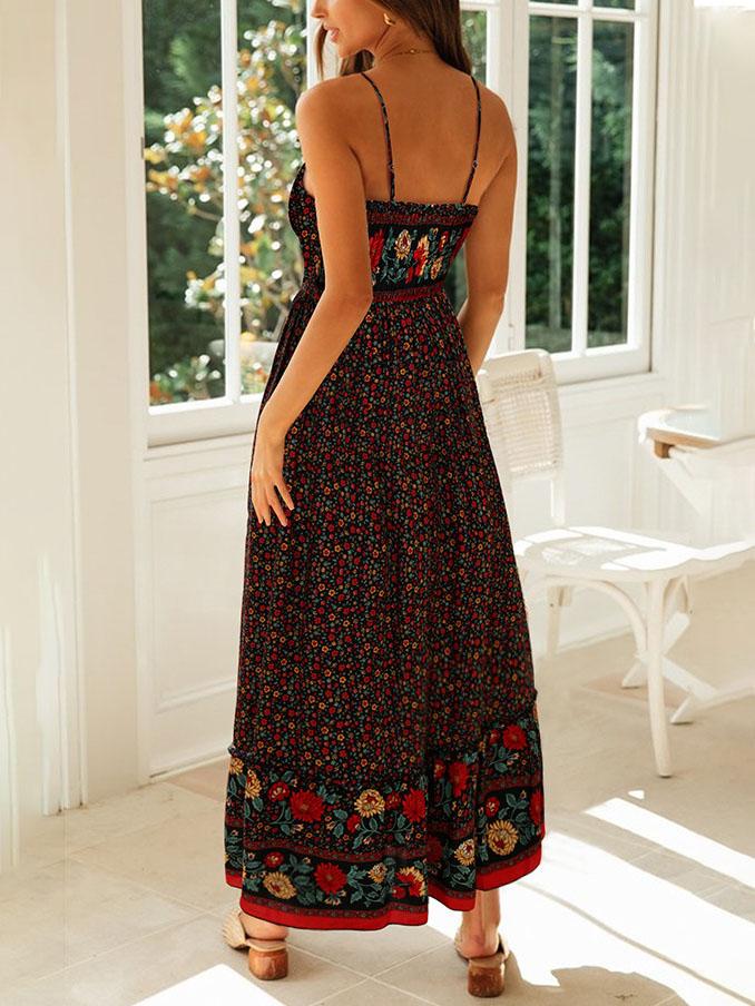 Bohemian V-neck Floral Sling Dress - Maxi Dresses - INS | Online Fashion Free Shipping Clothing, Dresses, Tops, Shoes - 23/07/2021 - 30-40 - color-black