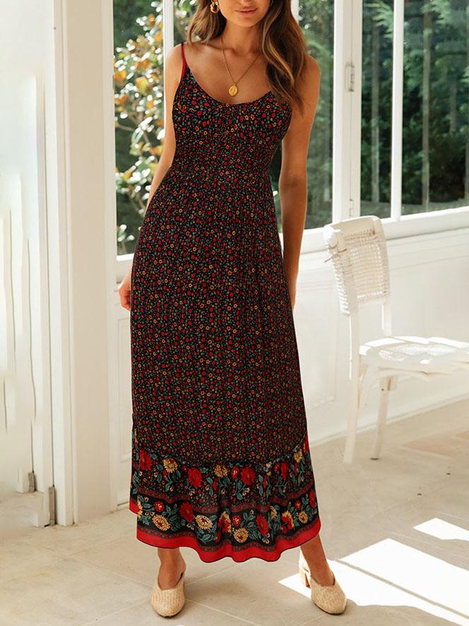 Bohemian V-neck Floral Sling Dress - Maxi Dresses - INS | Online Fashion Free Shipping Clothing, Dresses, Tops, Shoes - 23/07/2021 - 30-40 - color-black