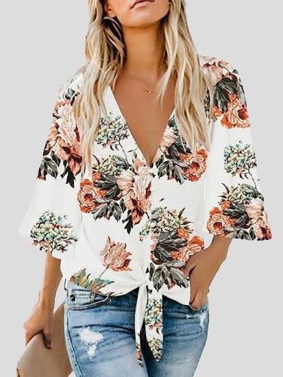 Bow Shirt Leopard/Flower Print V Neck Flared Sleeve Blouse - Blouses - INS | Online Fashion Free Shipping Clothing, Dresses, Tops, Shoes - 10-20 - 27/07/2021 - BLO2107271286