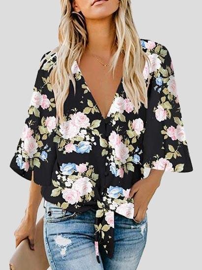 Bow Shirt Leopard/Flower Print V Neck Flared Sleeve Blouse - Blouses - INS | Online Fashion Free Shipping Clothing, Dresses, Tops, Shoes - 10-20 - 27/07/2021 - BLO2107271286