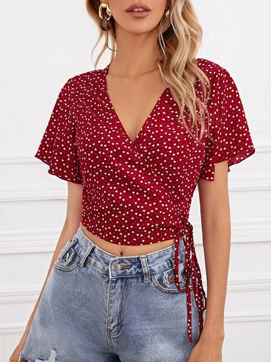 Bow Tie Floral Strappy Cropped Top - T-Shirts - INS | Online Fashion Free Shipping Clothing, Dresses, Tops, Shoes - 13/04/2021 - Color_Green - Color_Maroon