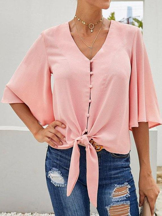 Bowknot V-Neck Slim-Fit Half Sleeve Blouse - Blouses - INS | Online Fashion Free Shipping Clothing, Dresses, Tops, Shoes - 2XL - 31/03/2021 - Autumn