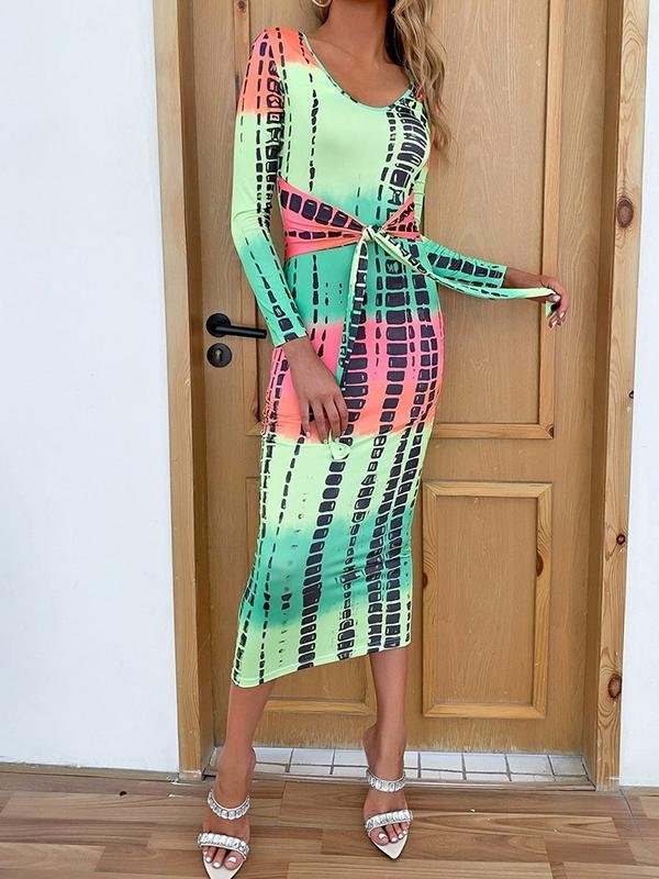 Brush Stroke Print Tie Waist Bodycon Dress - Dresses - INS | Online Fashion Free Shipping Clothing, Dresses, Tops, Shoes - 02/02/2021 - Bodycon Dresses - Dresses