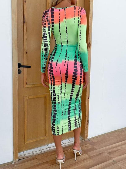 Brush Stroke Print Tie Waist Bodycon Dress - Dresses - INS | Online Fashion Free Shipping Clothing, Dresses, Tops, Shoes - 02/02/2021 - Bodycon Dresses - Dresses