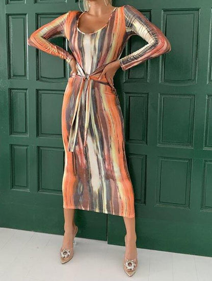 Brush Stroke Print Tie Waist Bodycon Dress - Dresses - INS | Online Fashion Free Shipping Clothing, Dresses, Tops, Shoes - 02/02/2021 - Bodycon Dresses - Dresses