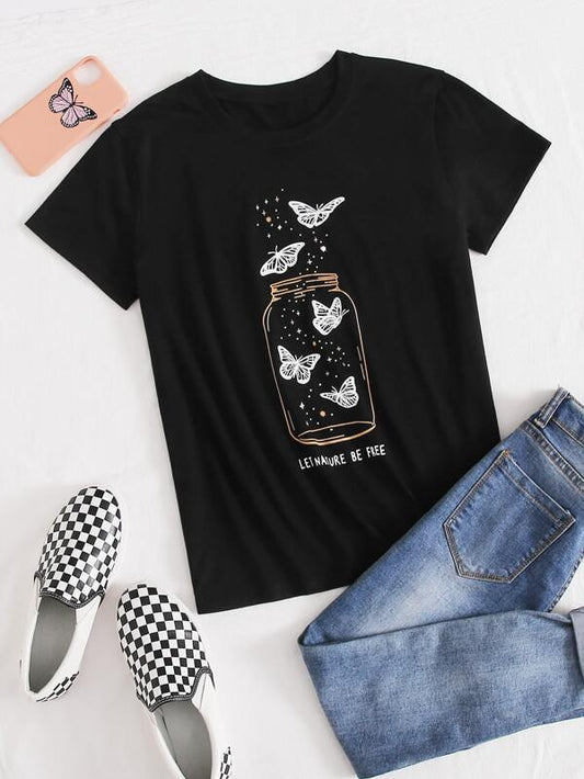Butterfly And Slogan Graphic Tee - INS | Online Fashion Free Shipping Clothing, Dresses, Tops, Shoes