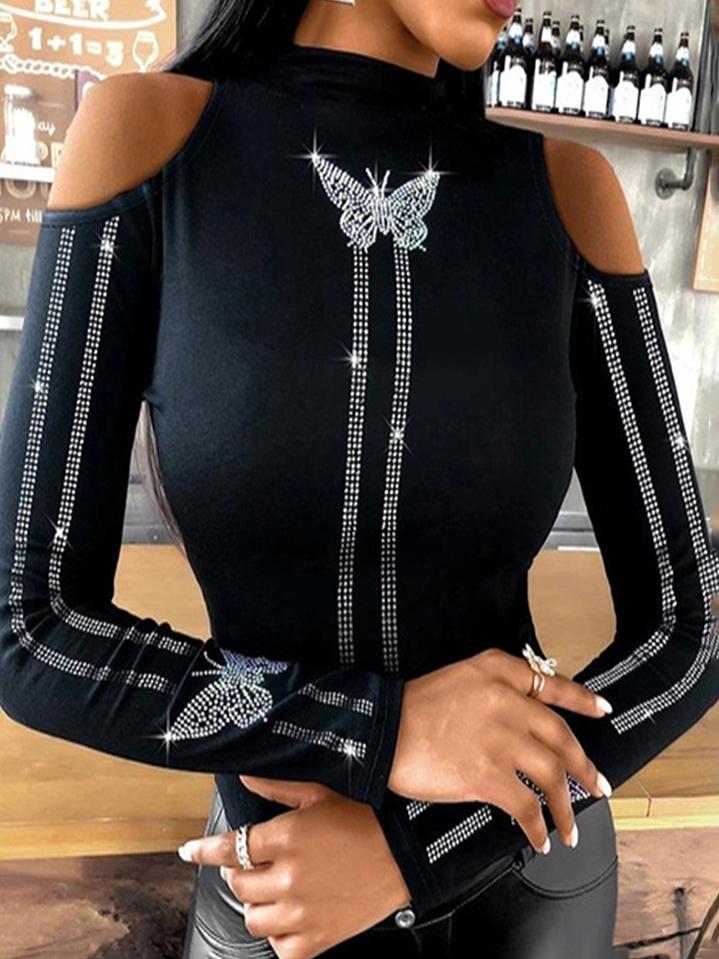 Butterfly Diamond Round Neck Off-shoulder Long Sleeves T-shirt - T-shirts - INS | Online Fashion Free Shipping Clothing, Dresses, Tops, Shoes - 12/07/2021 - 20-30 - color-black