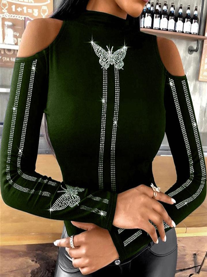 Butterfly Diamond Round Neck Off-shoulder Long Sleeves T-shirt - T-shirts - INS | Online Fashion Free Shipping Clothing, Dresses, Tops, Shoes - 12/07/2021 - 20-30 - color-black
