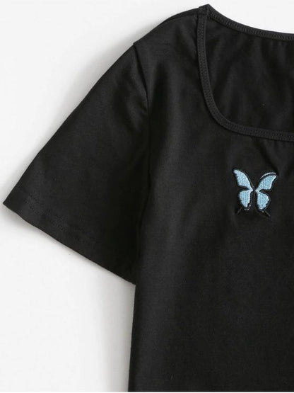 Butterfly Embroidered U Neck T-shirt - INS | Online Fashion Free Shipping Clothing, Dresses, Tops, Shoes