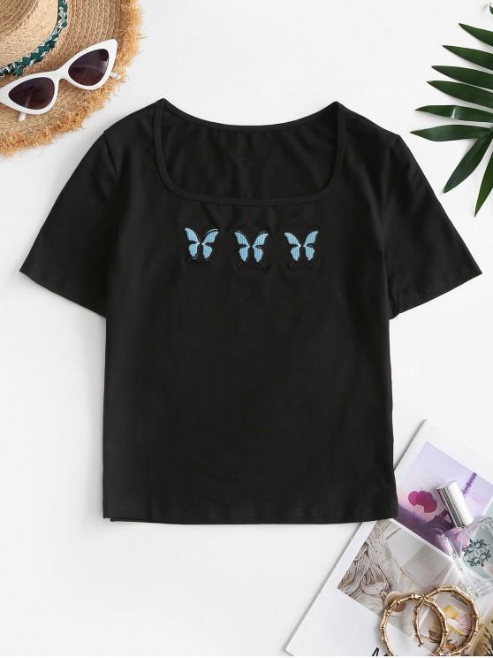 Butterfly Embroidered U Neck T-shirt - INS | Online Fashion Free Shipping Clothing, Dresses, Tops, Shoes