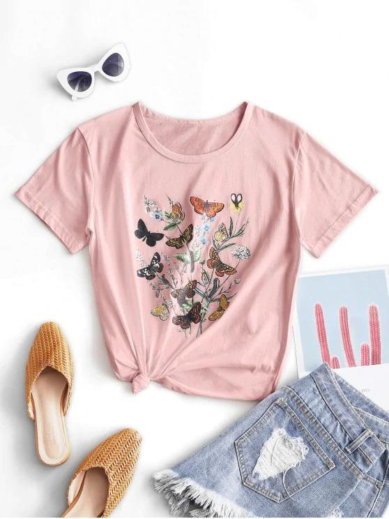 Butterfly Flower Knotted Cotton Basic Tee - INS | Online Fashion Free Shipping Clothing, Dresses, Tops, Shoes