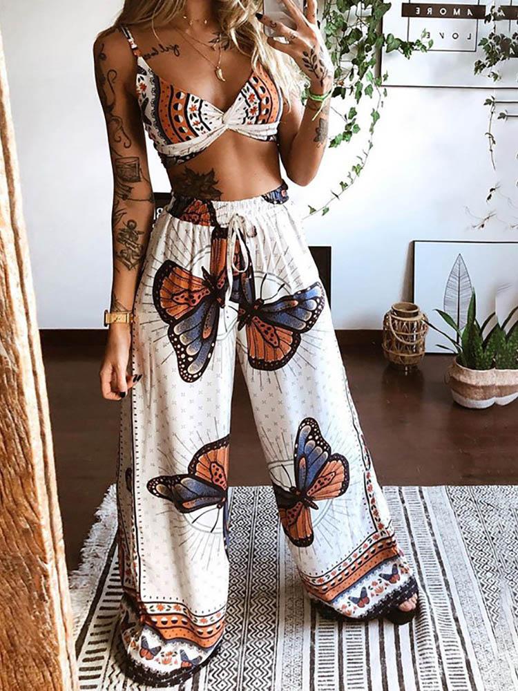 Butterfly Graphic Print Crop Top & Wide Leg Pants Set - Two-piece Outfits - INS | Online Fashion Free Shipping Clothing, Dresses, Tops, Shoes - 04/05/2021 - Color_White - SET210504044