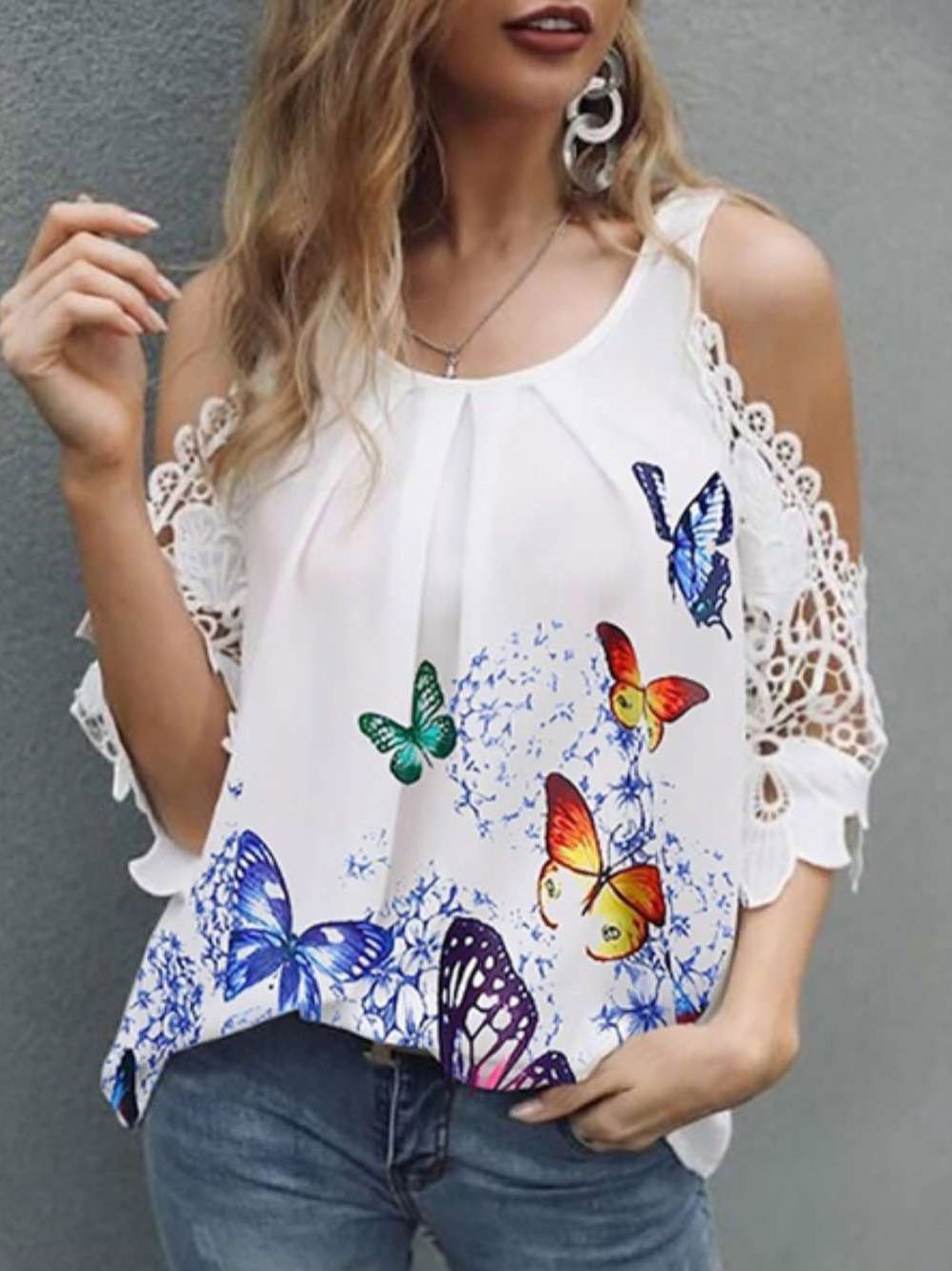 Butterfly Hollow Sleeve Casual Blouses - MsDressly